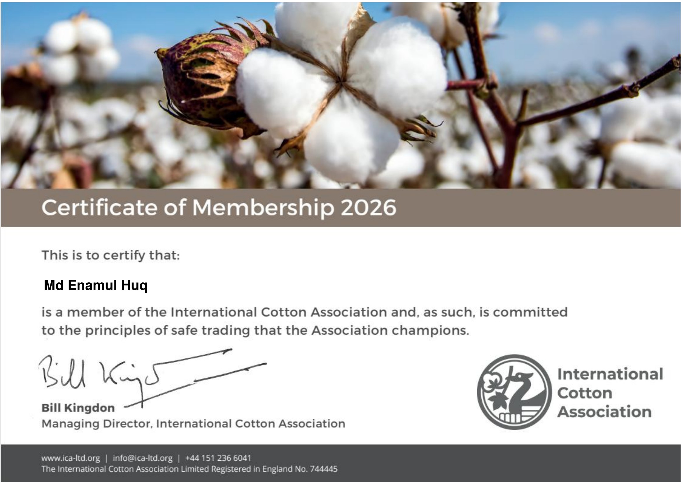 International Cotton Association Certificate of Membership 2026